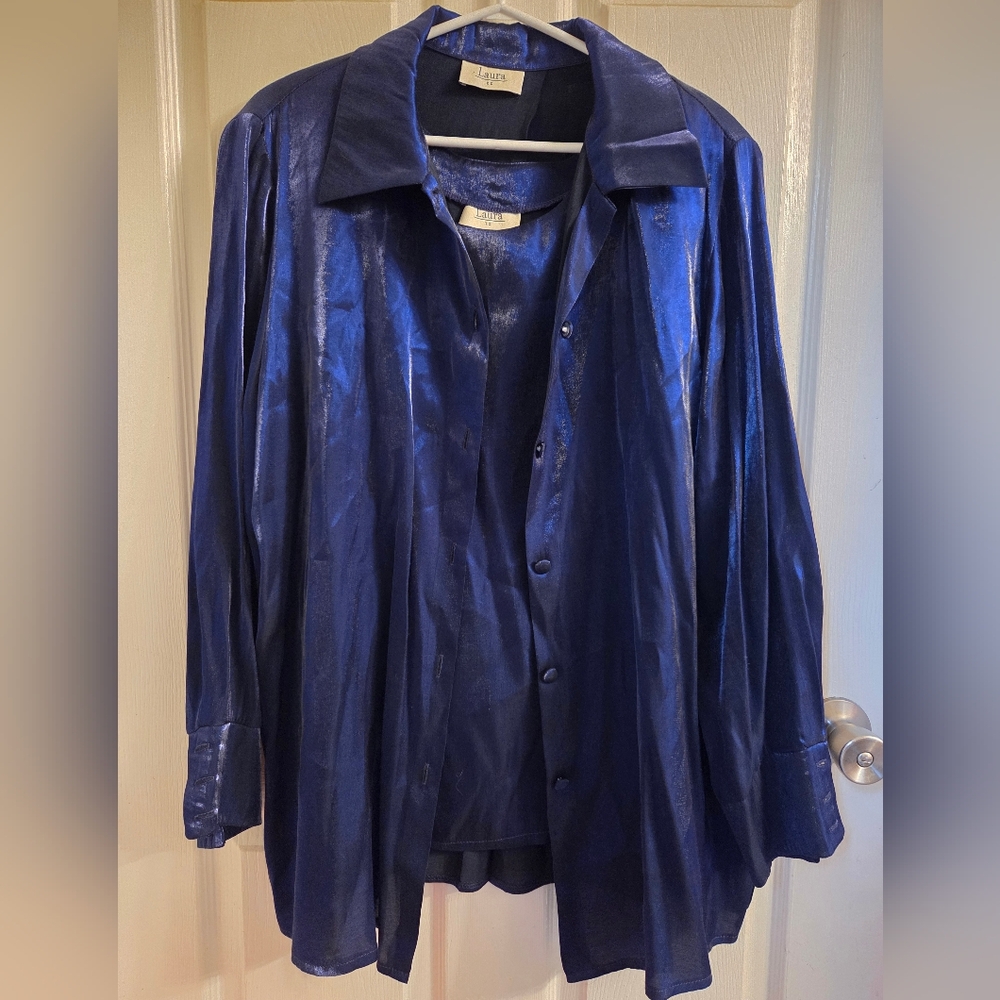 2 Piece Irredescent Blue Lightweight Button-Up Shirt And Tank